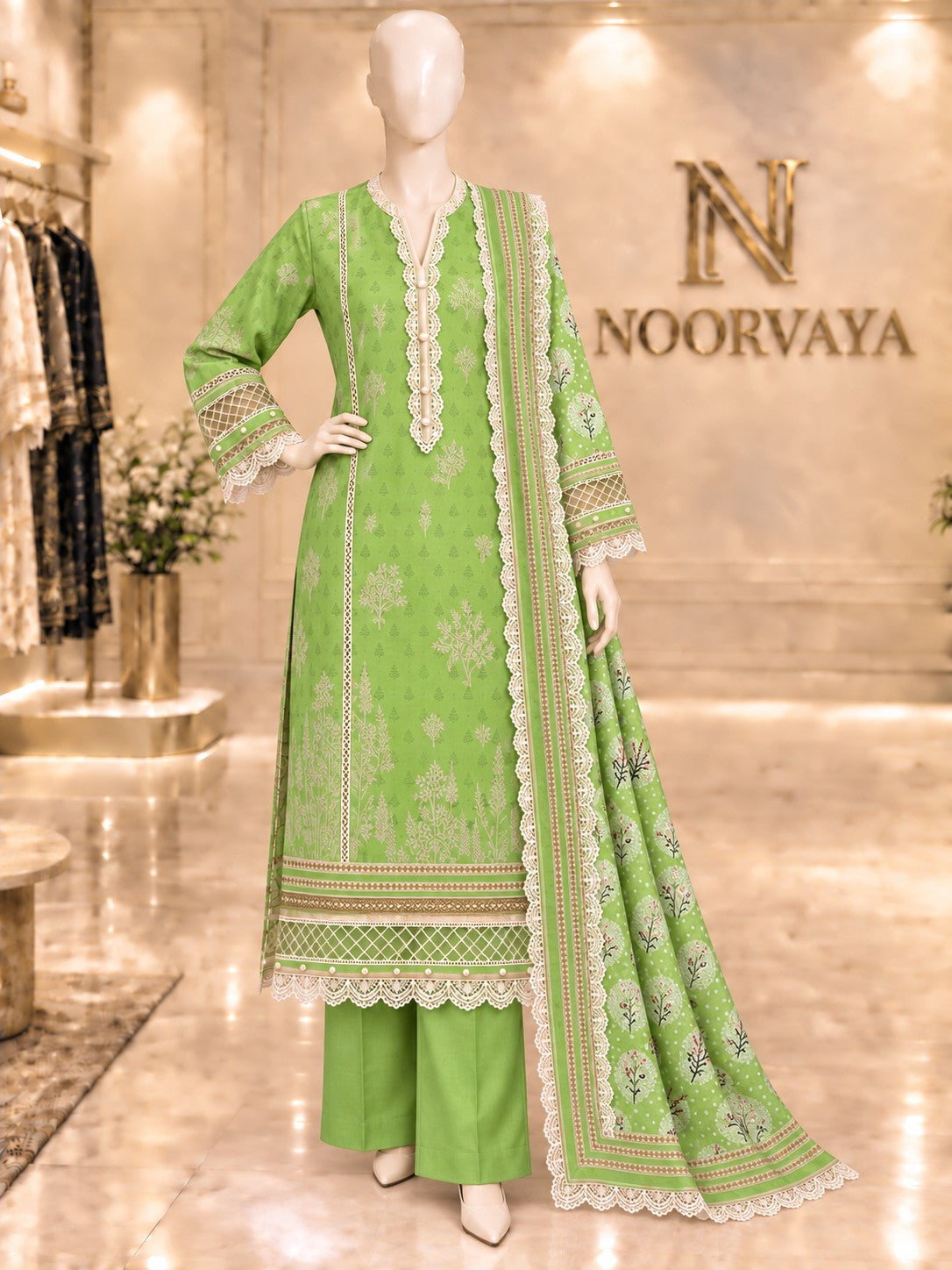 Lime Botanical 3-Piece Printed Suit - front view