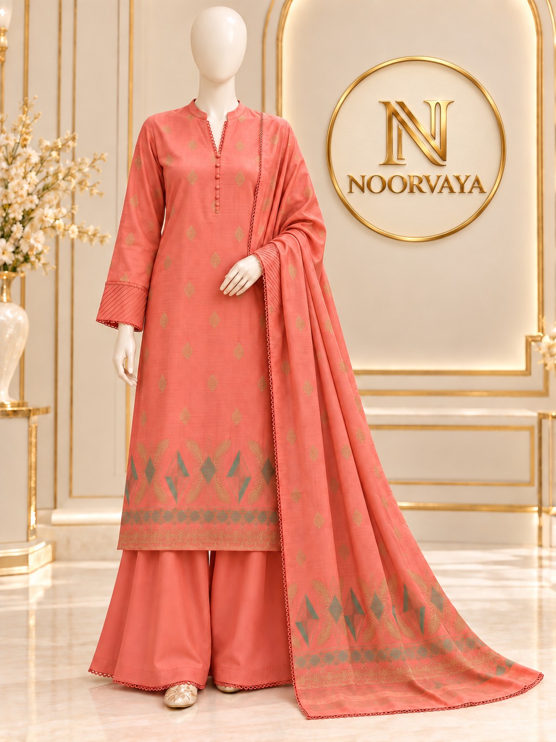 Coral Gold 3-Piece Printed Suit - front view