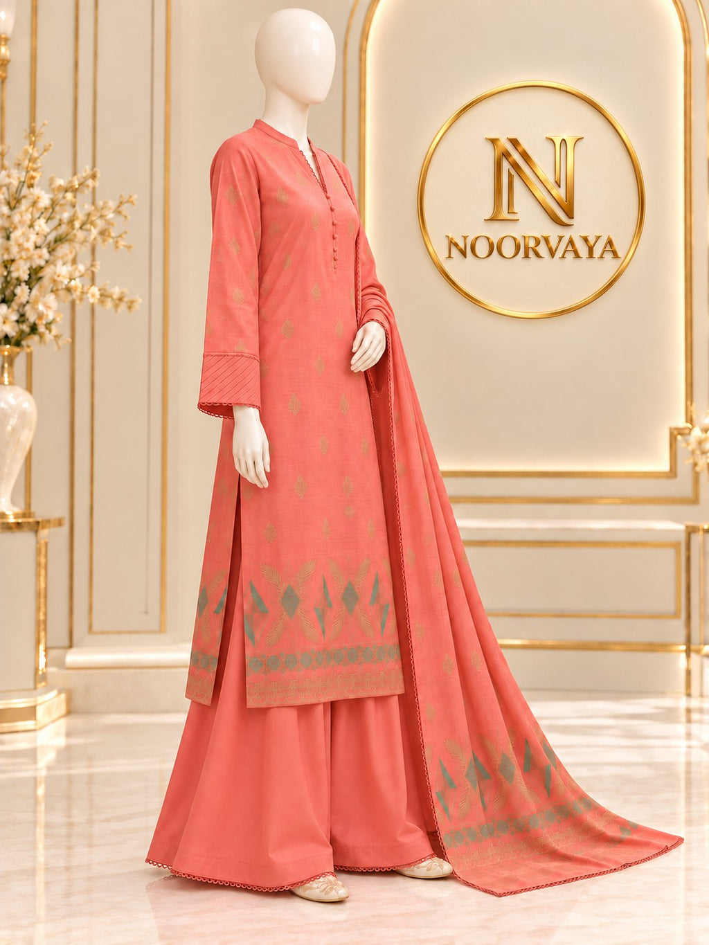 Coral Gold 3-Piece Printed Suit - side view