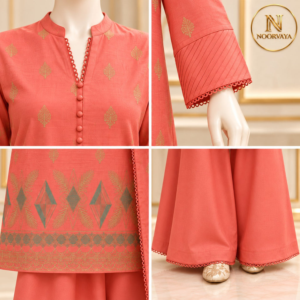 Coral Gold 3-Piece Printed Suit - details view