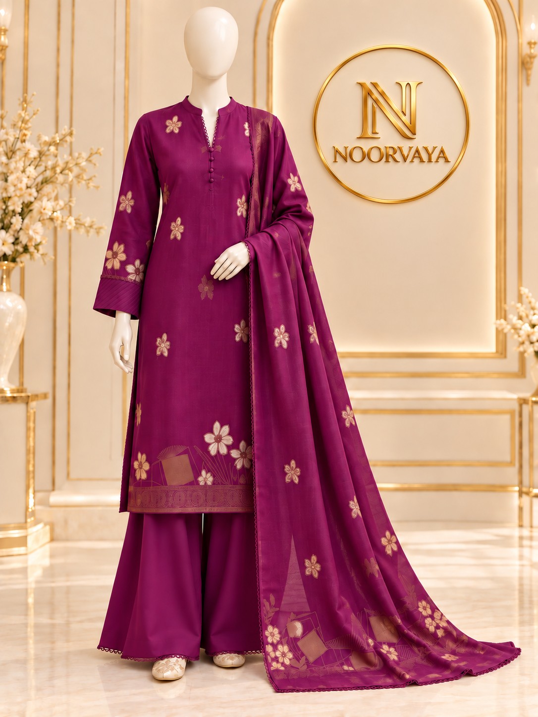 Plum Gold 3-Piece Printed Suit - front view