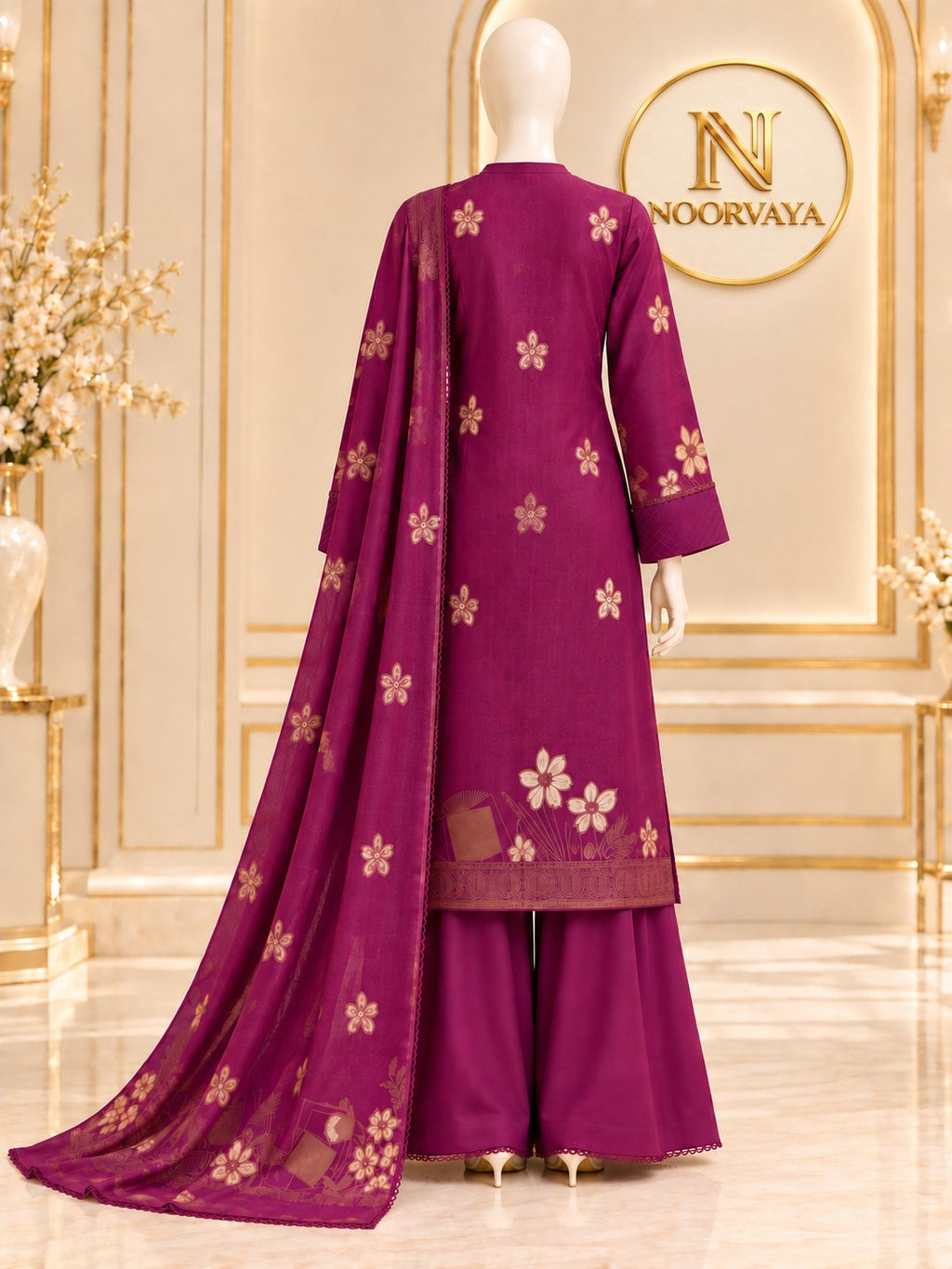 Plum Gold 3-Piece Printed Suit - back view