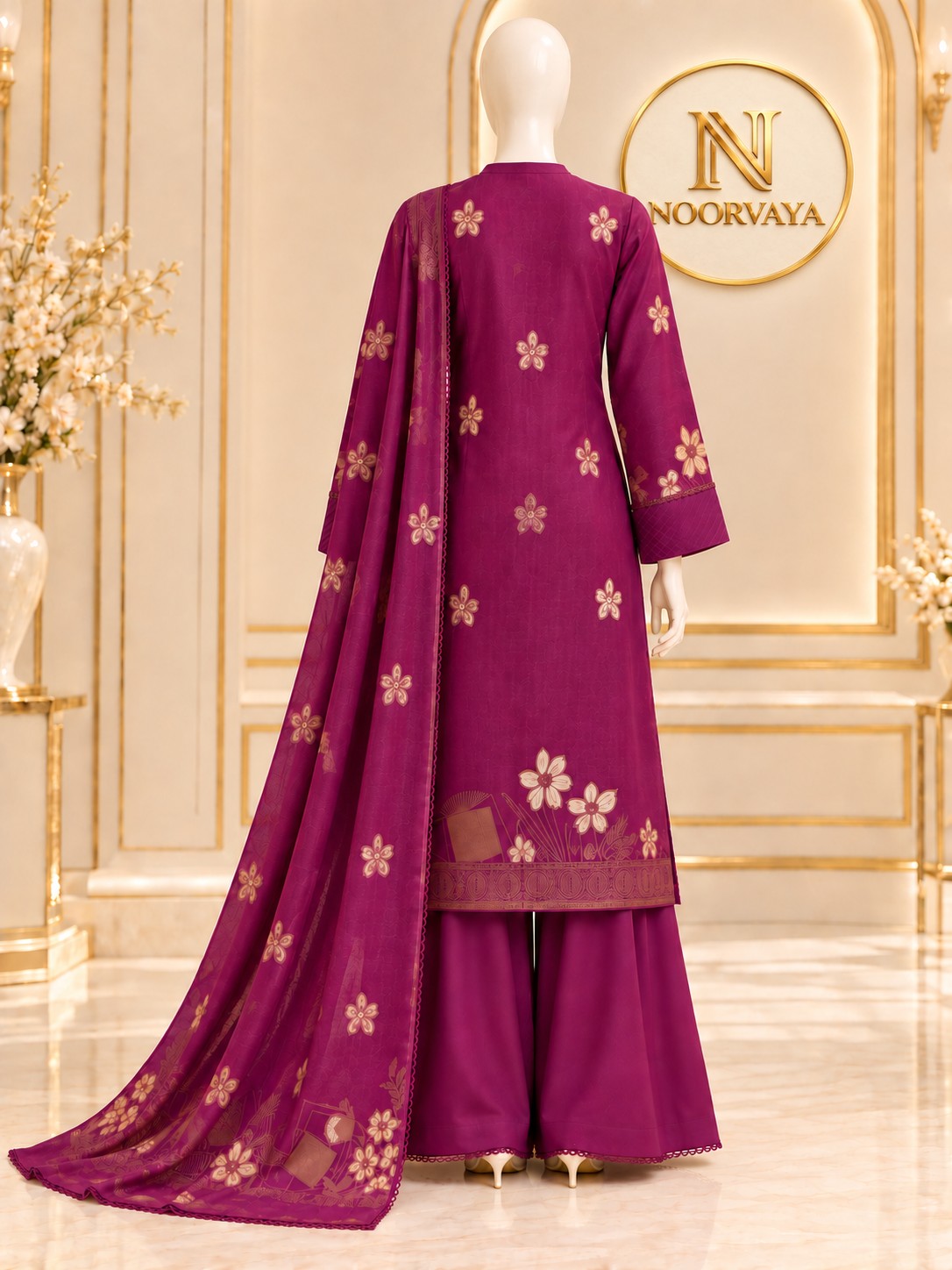 Plum Gold 3-Piece Printed Suit - back view