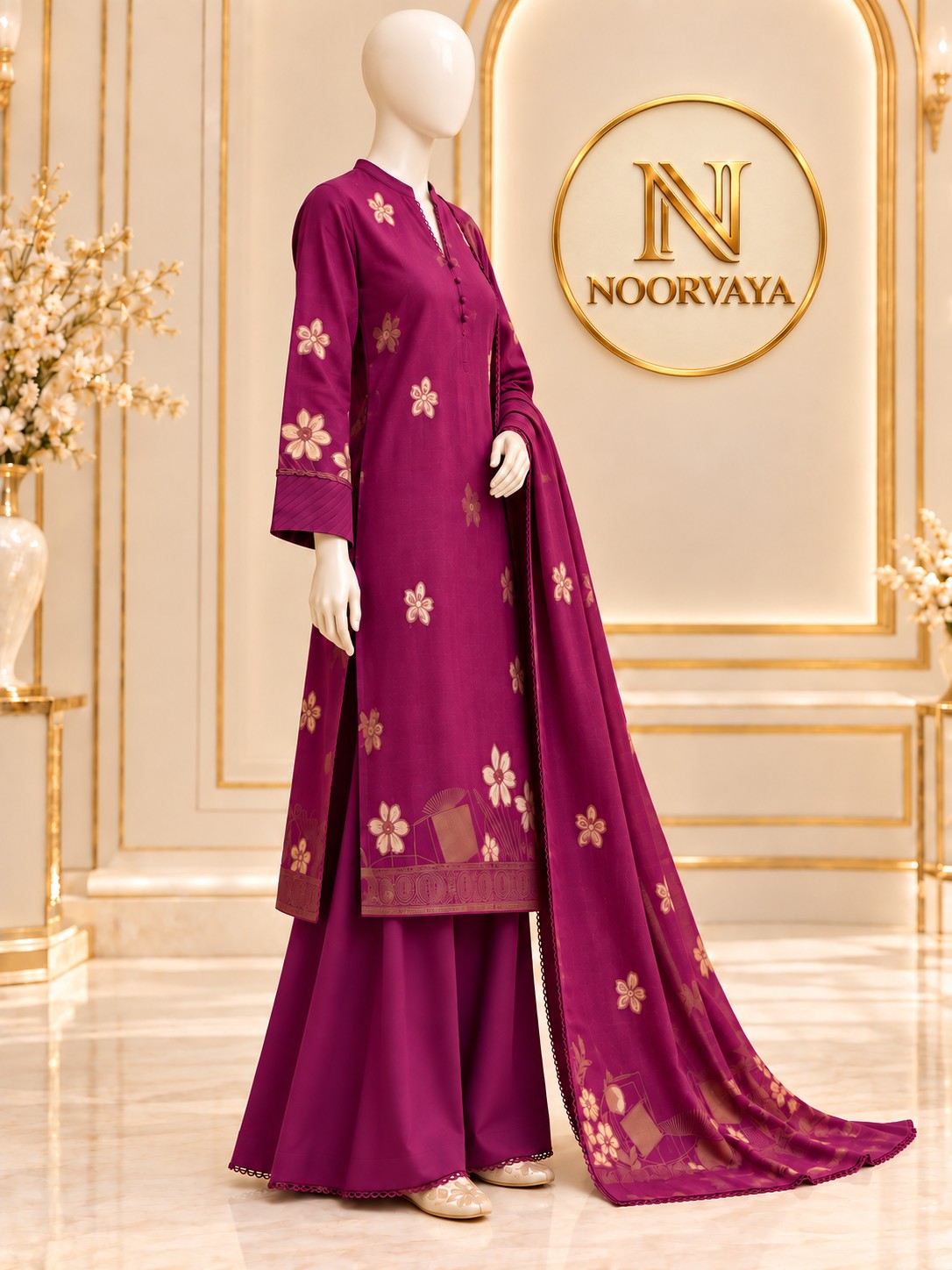 Plum Gold 3-Piece Printed Suit - side view