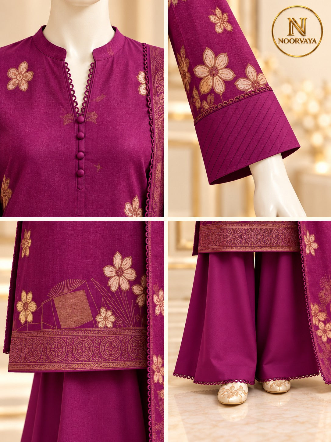 Plum Gold 3-Piece Printed Suit - details view