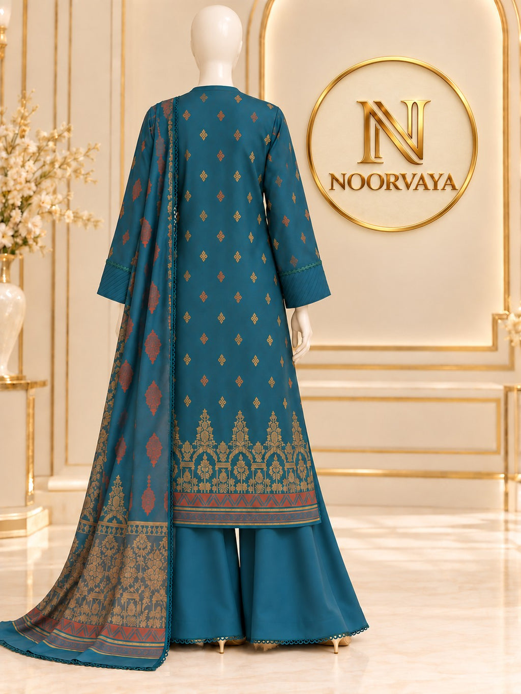 Teal Gold 3-Piece Printed Suit - back view