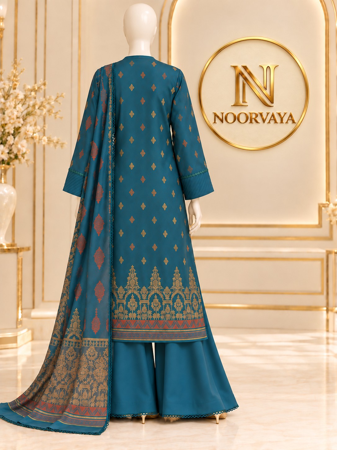Teal Gold 3-Piece Printed Suit - back view
