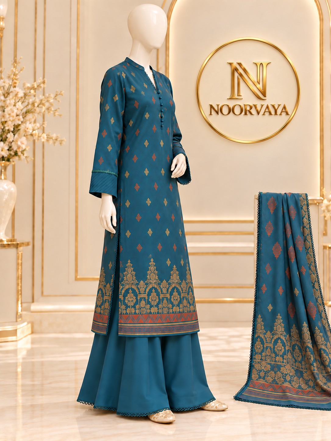 Teal Gold 3-Piece Printed Suit - side view