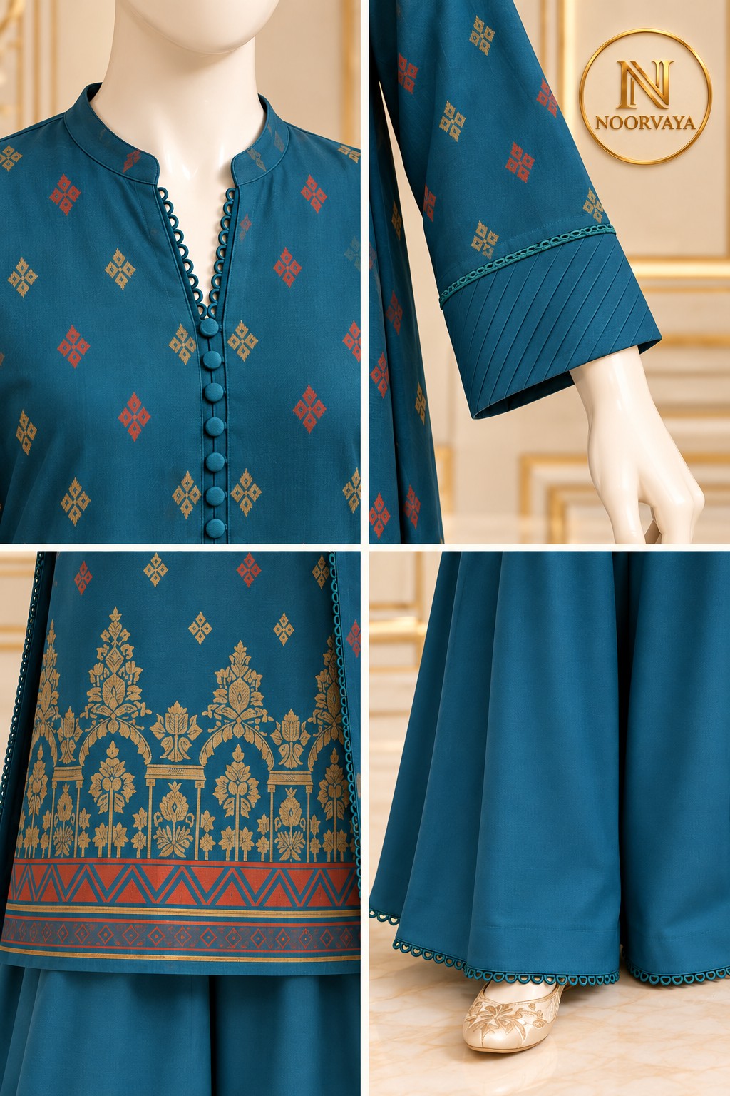 Teal Gold 3-Piece Printed Suit - details view