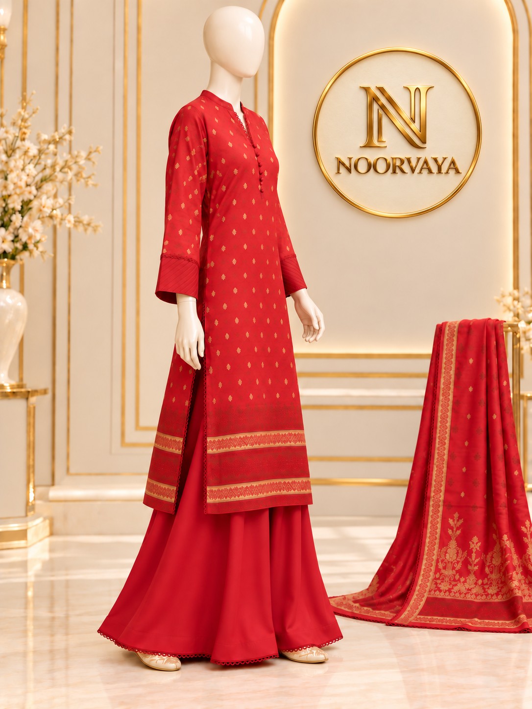 Red Gold 3-Piece Printed Suit - Jacquard Volume 1 - side view