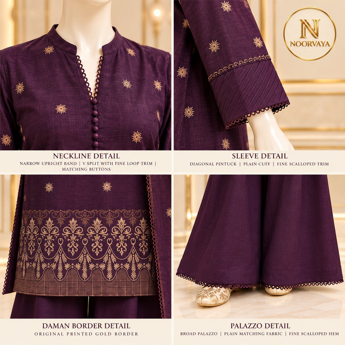 Deep Purple 3-Piece Printed Suit - details view