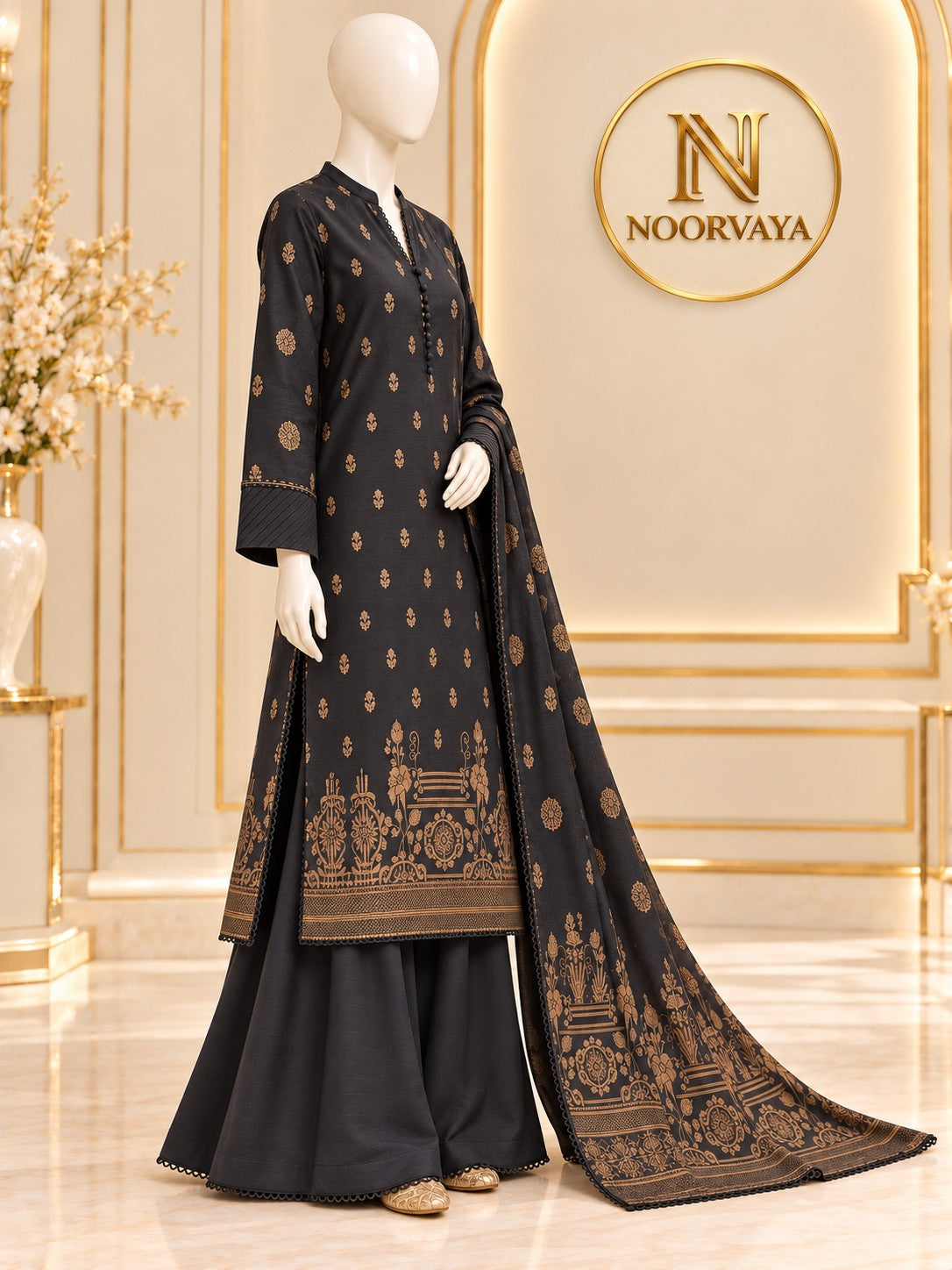 Charcoal Gold 3-Piece Printed Suit – Jacquard Volume 1 - side view