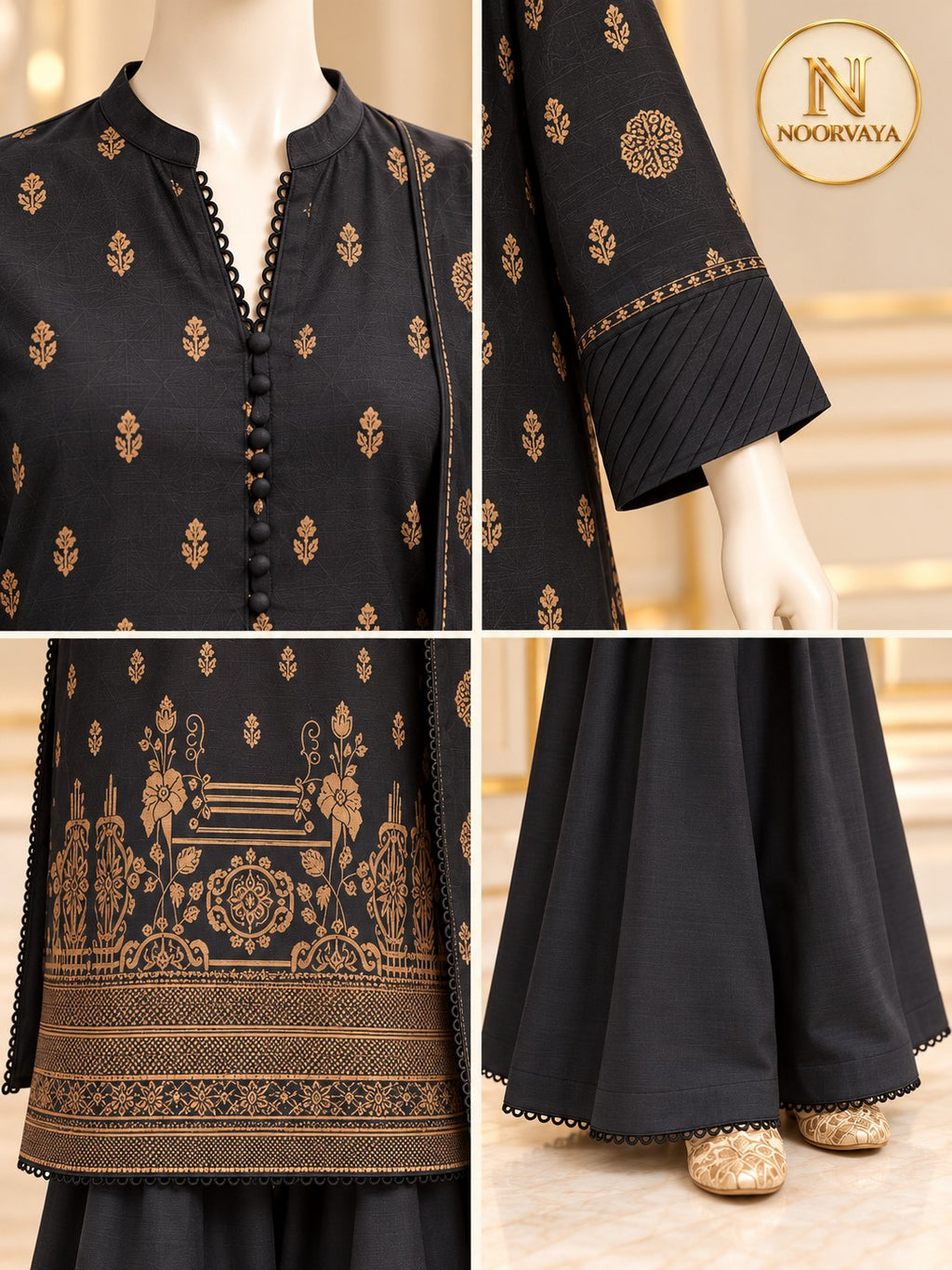 Charcoal Gold 3-Piece Printed Suit – Jacquard Volume 1 - details view