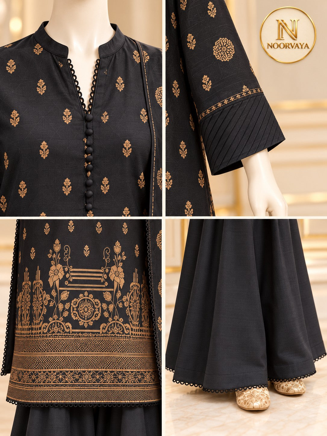 Charcoal Gold 3-Piece Printed Suit – Jacquard Volume 1 - details view