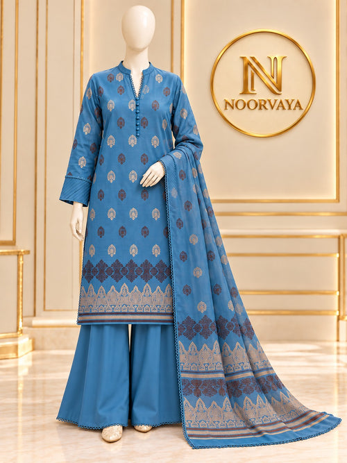 Blue Gold 3-Piece Printed Jacquard Suit - front view