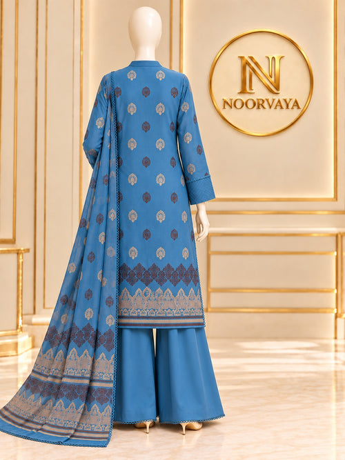 Blue Gold 3-Piece Printed Jacquard Suit - back view