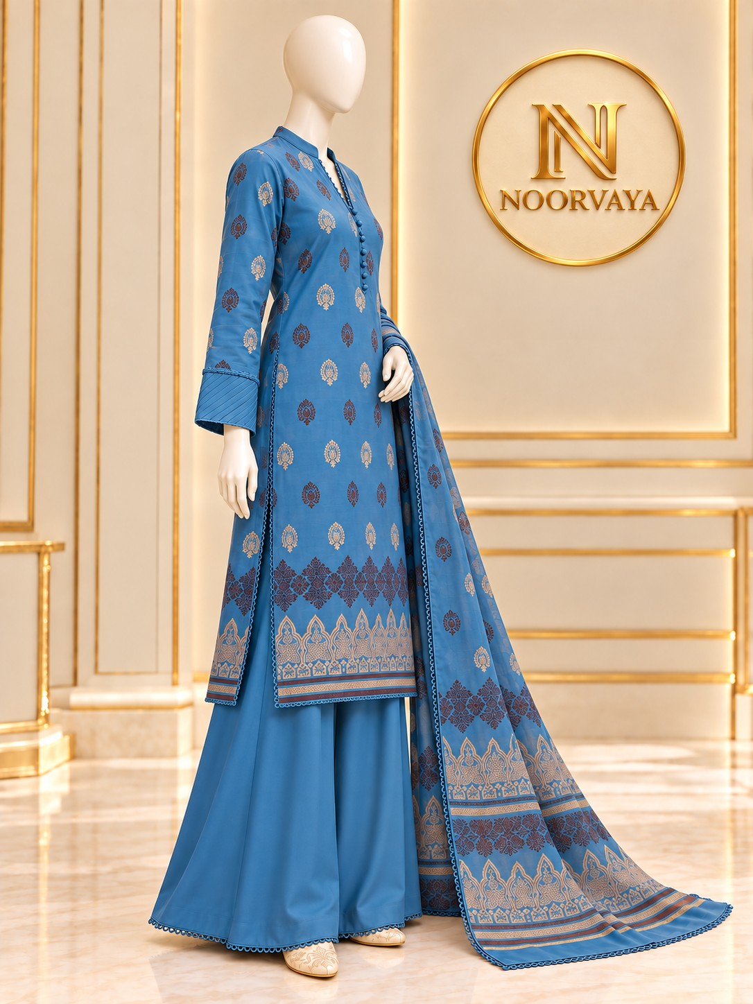Blue Gold 3-Piece Printed Jacquard Suit - side view