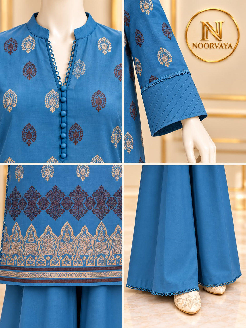 Blue Gold 3-Piece Printed Jacquard Suit - details view