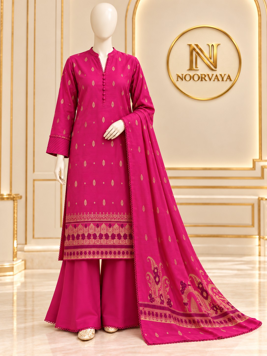 Fuchsia Gold 3-Piece Printed Suit - front view