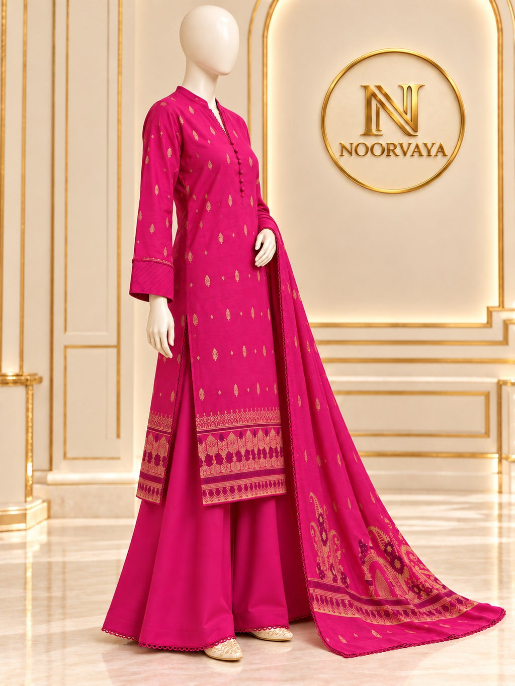 Fuchsia Gold 3-Piece Printed Suit - side view