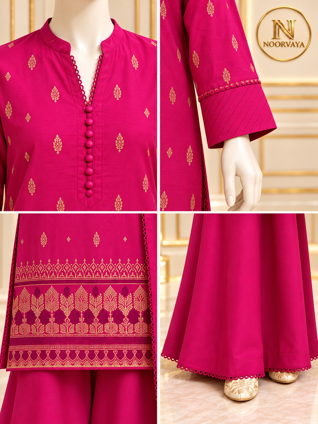 Fuchsia Gold 3-Piece Printed Suit - details view
