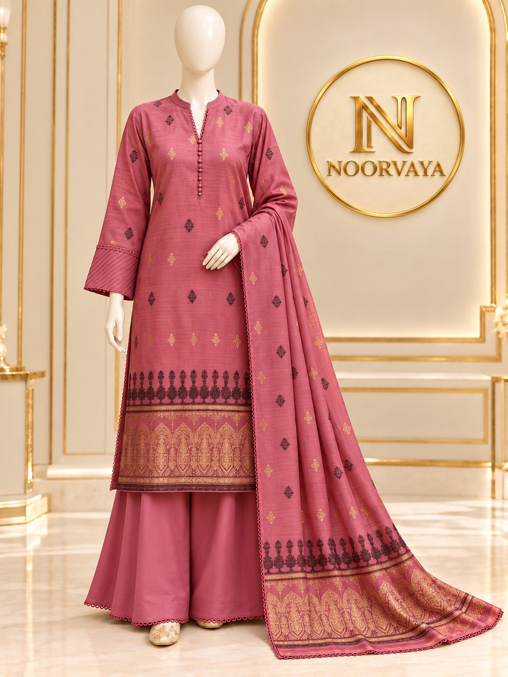 Rose Gold 3-Piece Printed Jacquard Suit - front view