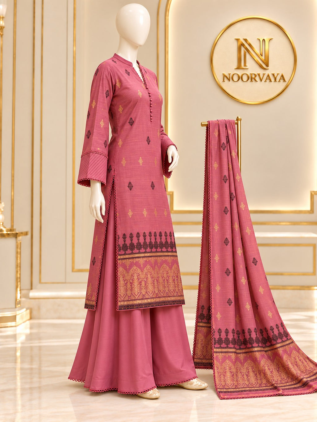 Rose Gold 3-Piece Printed Jacquard Suit - side view