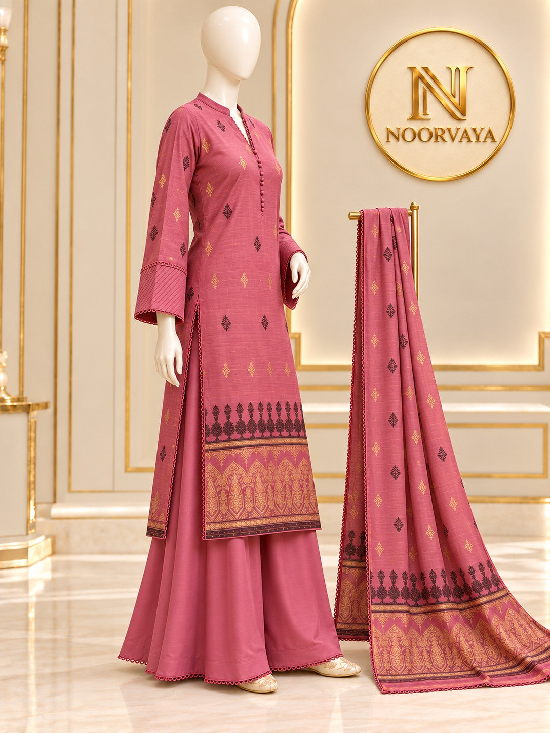 Rose Gold 3-Piece Printed Jacquard Suit - side view