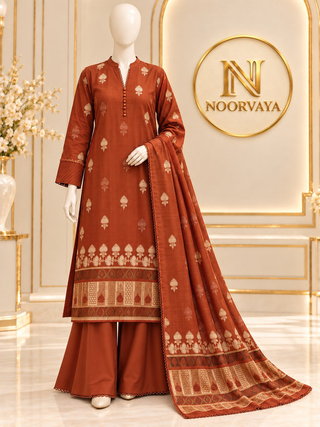 Rust Gold 3-Piece Printed Suit - front view