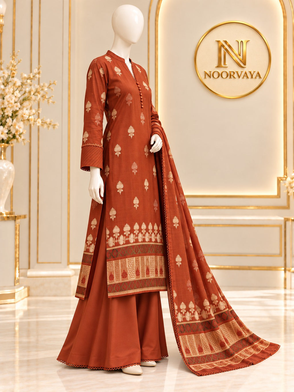 Rust Gold 3-Piece Printed Suit - side view