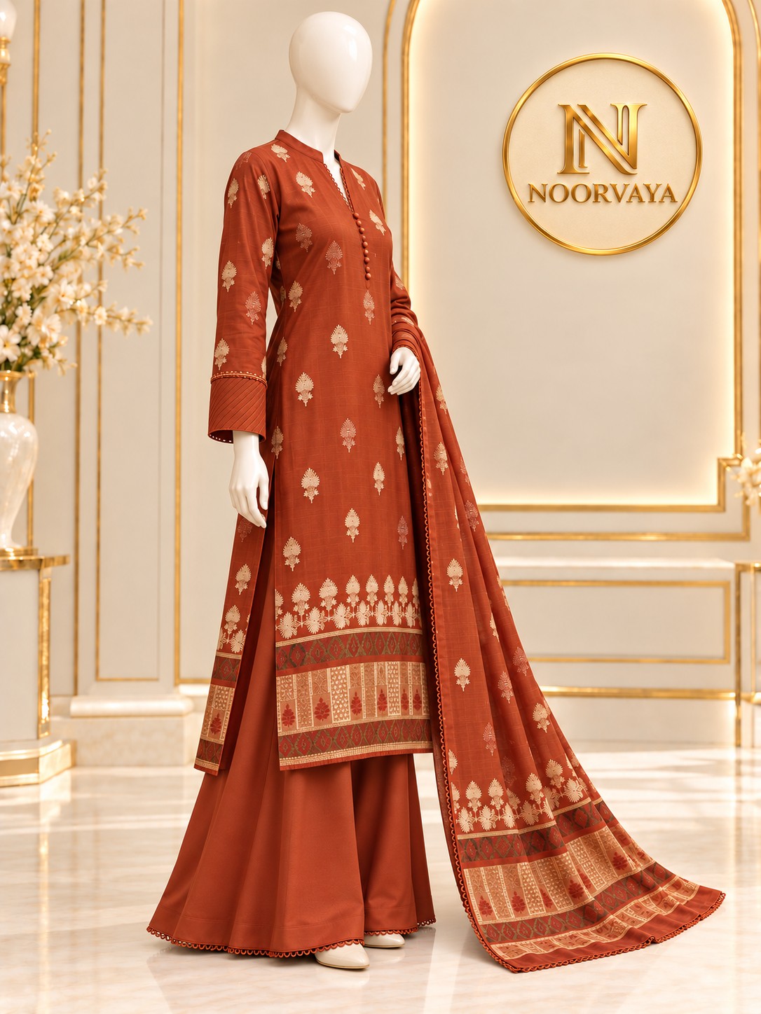 Rust Gold 3-Piece Printed Suit - side view