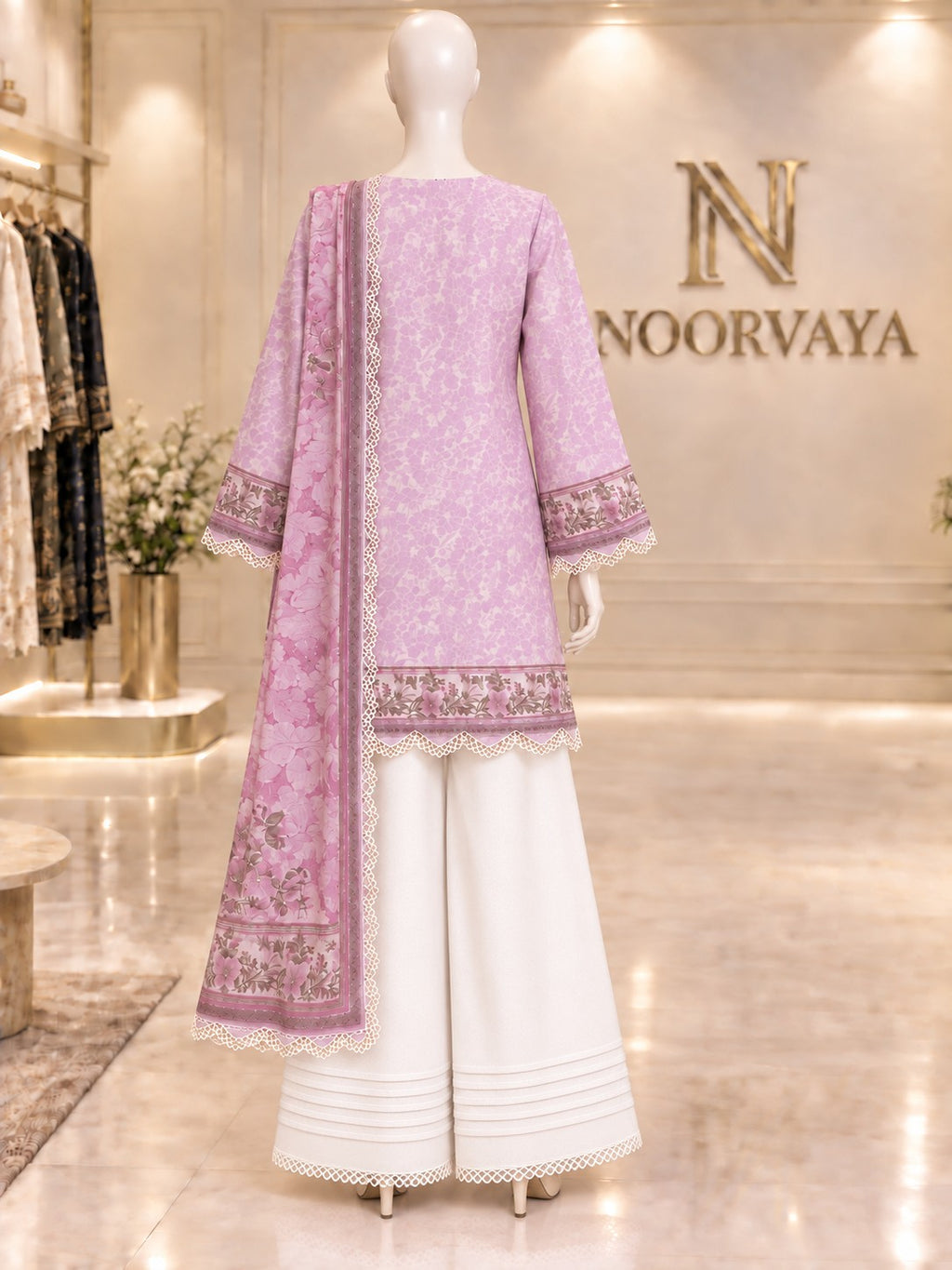 Lilac Botanical 3-Piece Printed Lawn Suit - back view