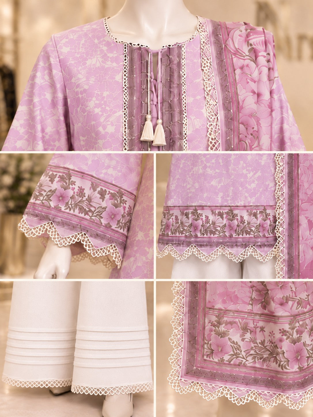 Lilac Botanical 3-Piece Printed Lawn Suit - details view