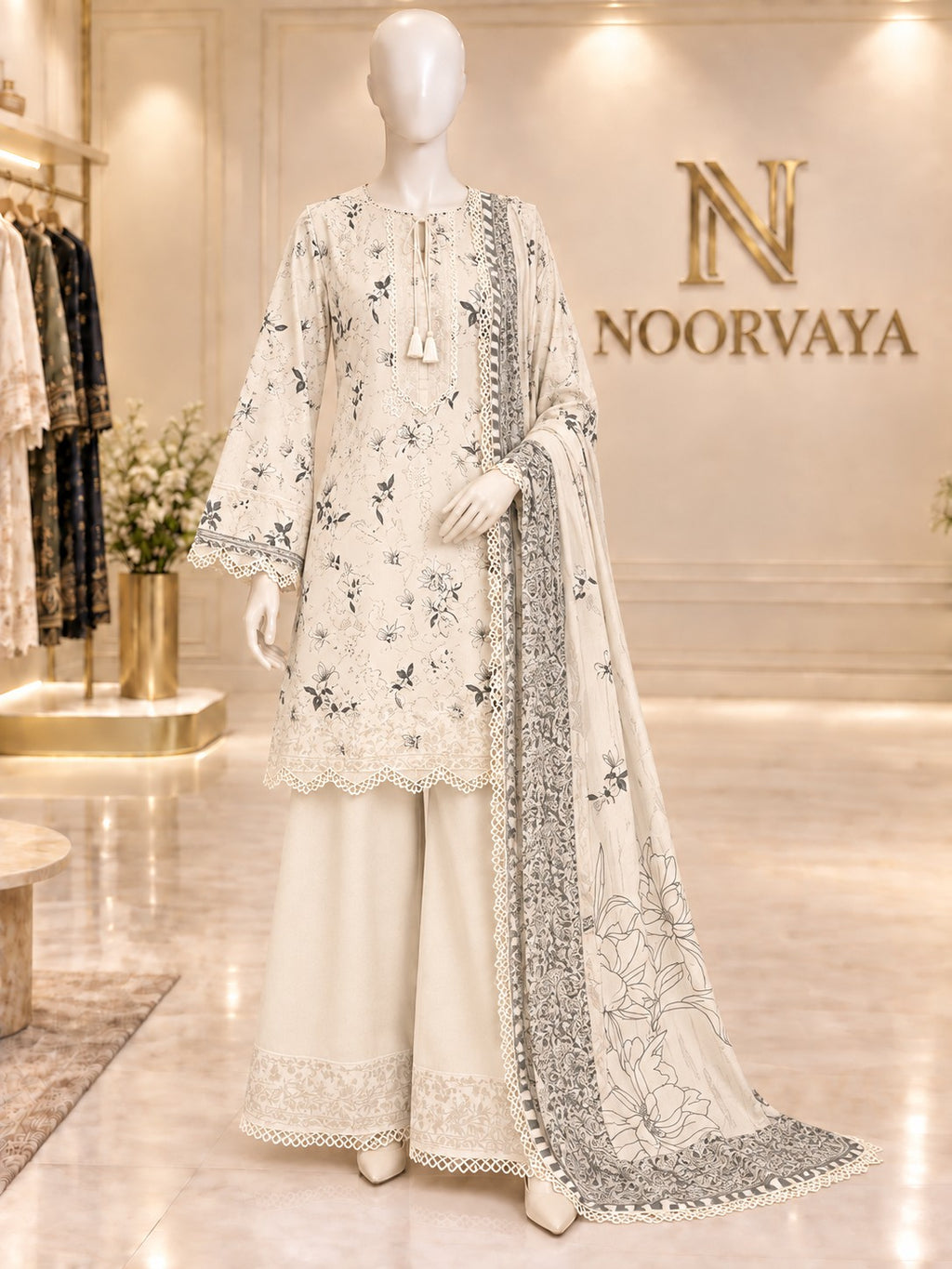 Ivory Botanical 3-Piece Printed Suit - front view
