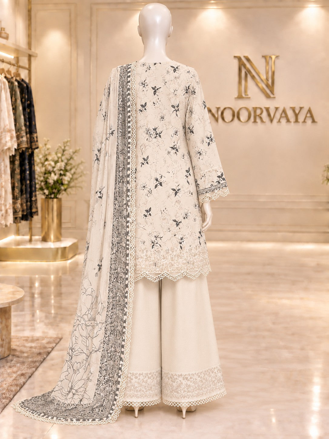 Ivory Botanical 3-Piece Printed Suit - back view