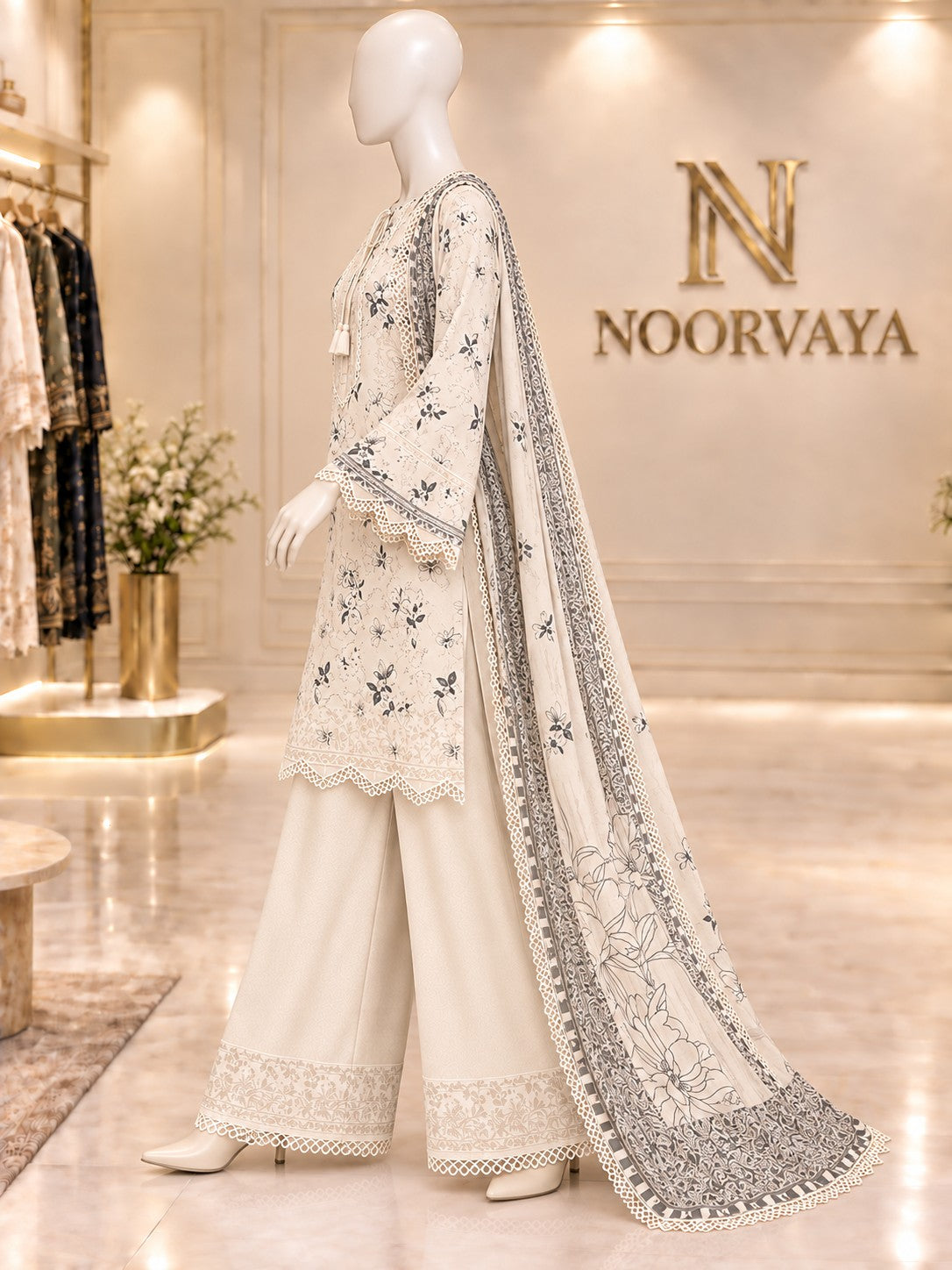Ivory Botanical 3-Piece Printed Suit - left view