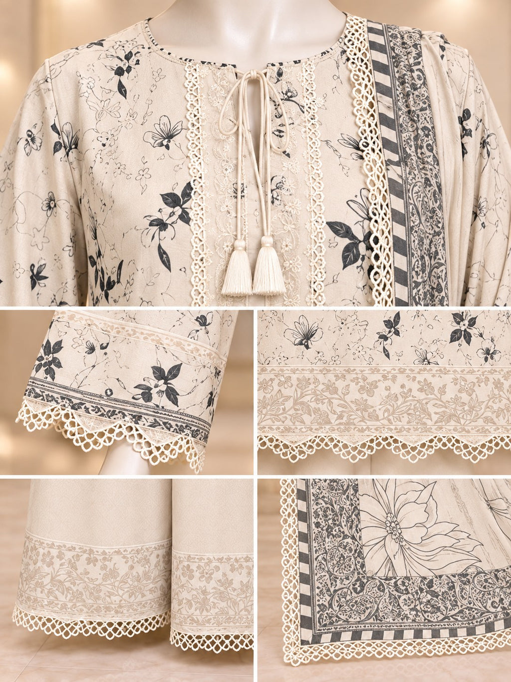Ivory Botanical 3-Piece Printed Suit - details view