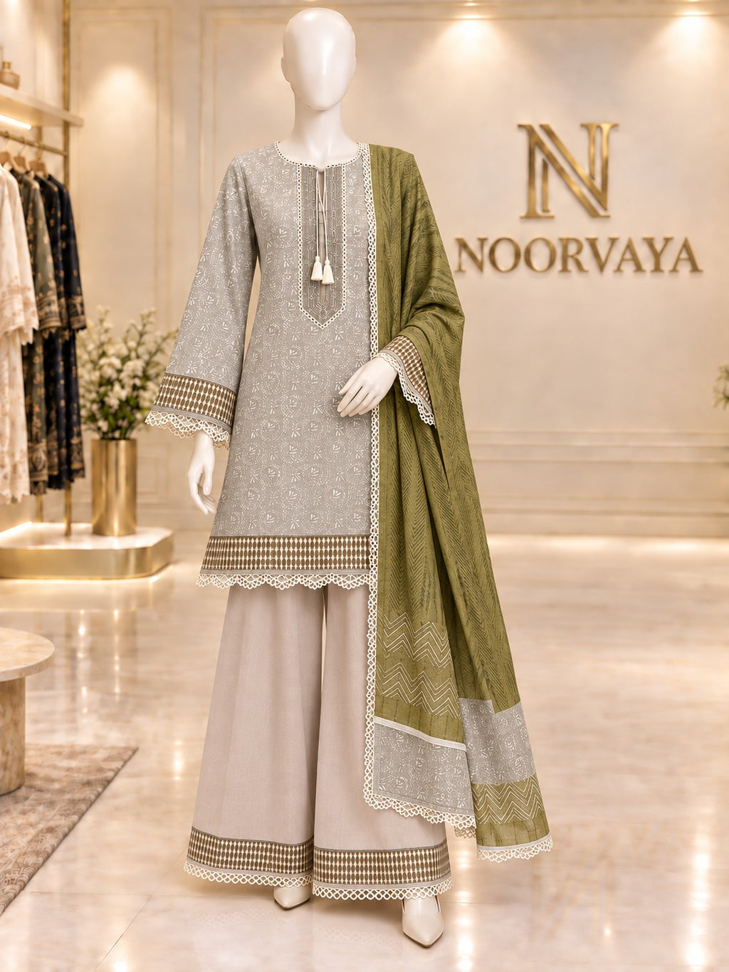 Grey Olive 3-Piece Printed Lawn Suit - front view
