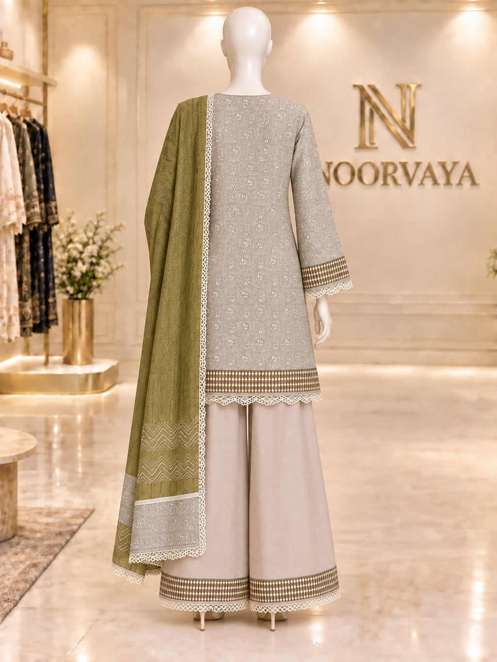 Grey Olive 3-Piece Printed Lawn Suit - back view