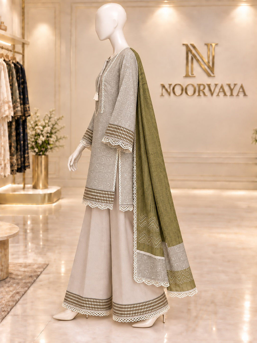 Grey Olive 3-Piece Printed Lawn Suit - left view
