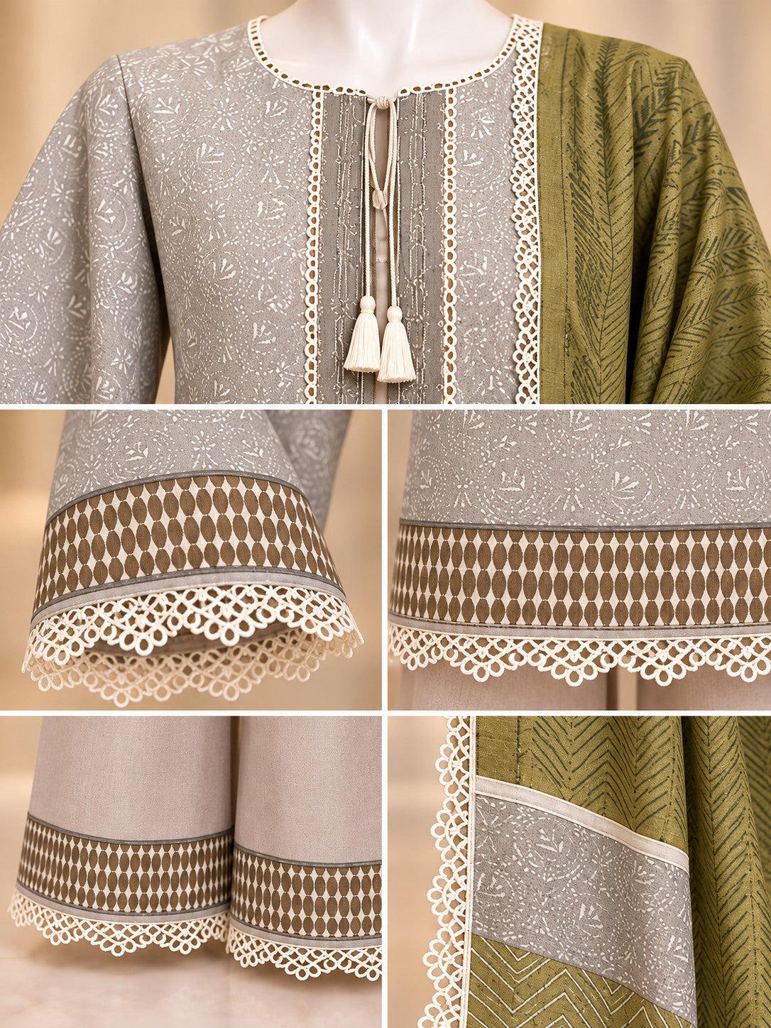 Grey Olive 3-Piece Printed Lawn Suit - details view