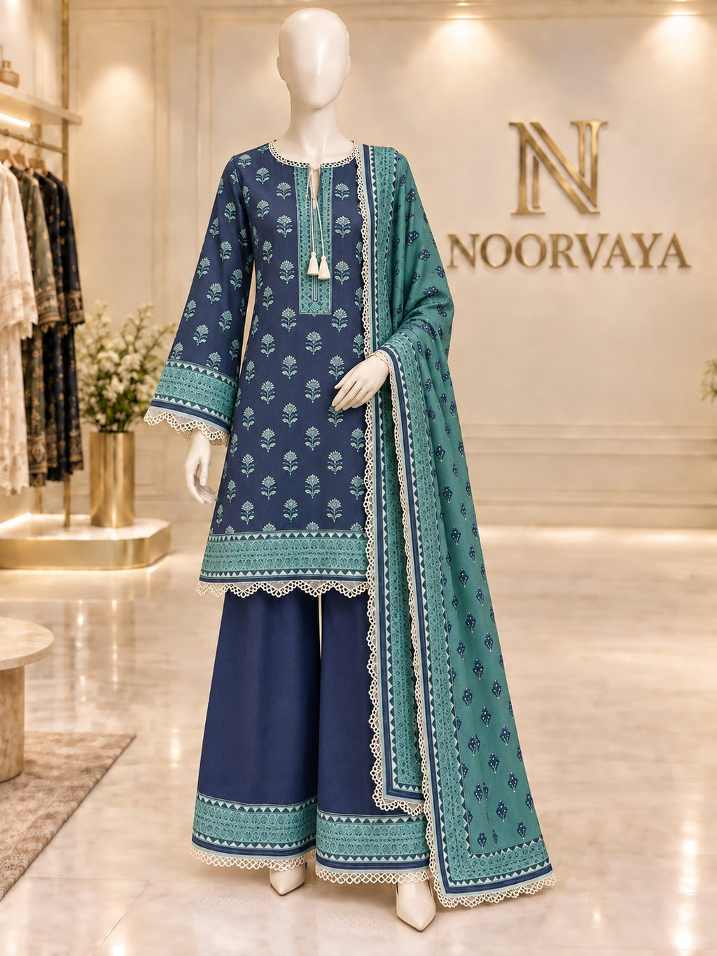 Navy Teal Sprigs 3-Piece Printed Suit - front view