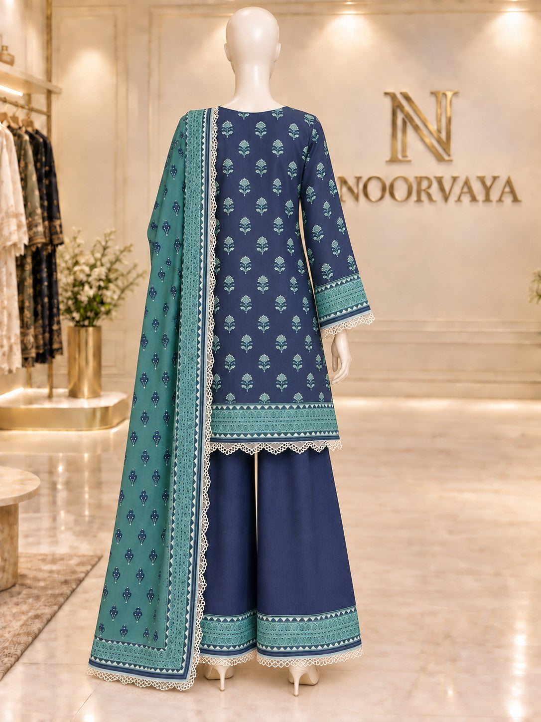 Navy Teal Sprigs 3-Piece Printed Suit - back view