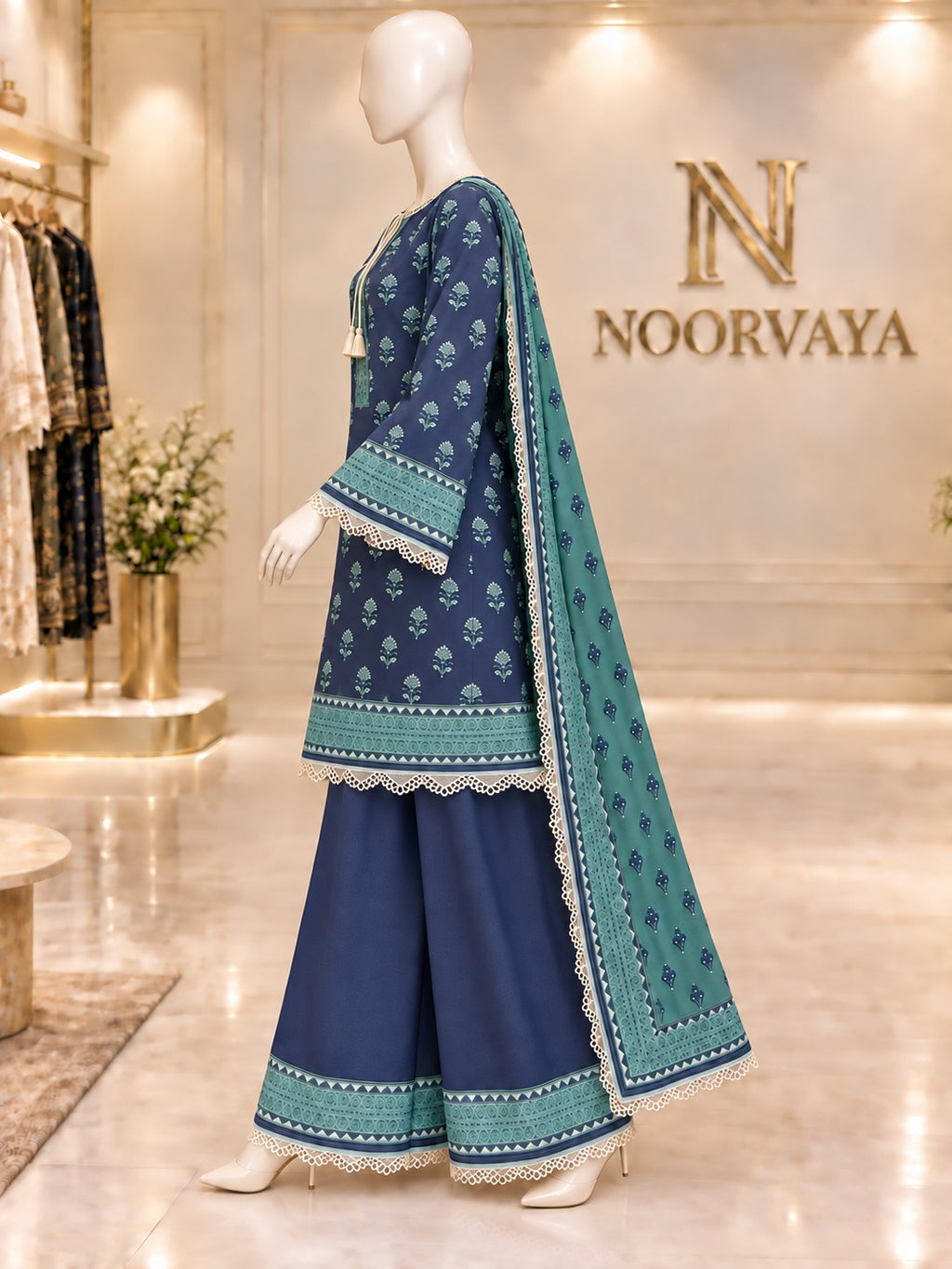 Navy Teal Sprigs 3-Piece Printed Suit - left view