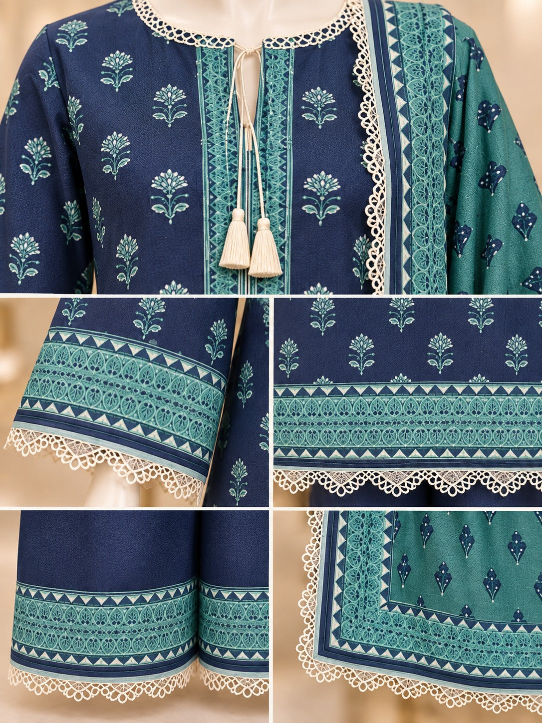Navy Teal Sprigs 3-Piece Printed Suit - details view