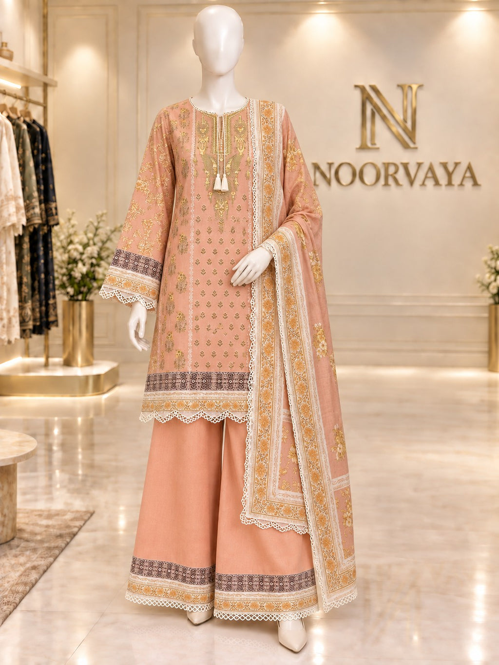 Peach Gold 3-Piece Printed Suit - front view