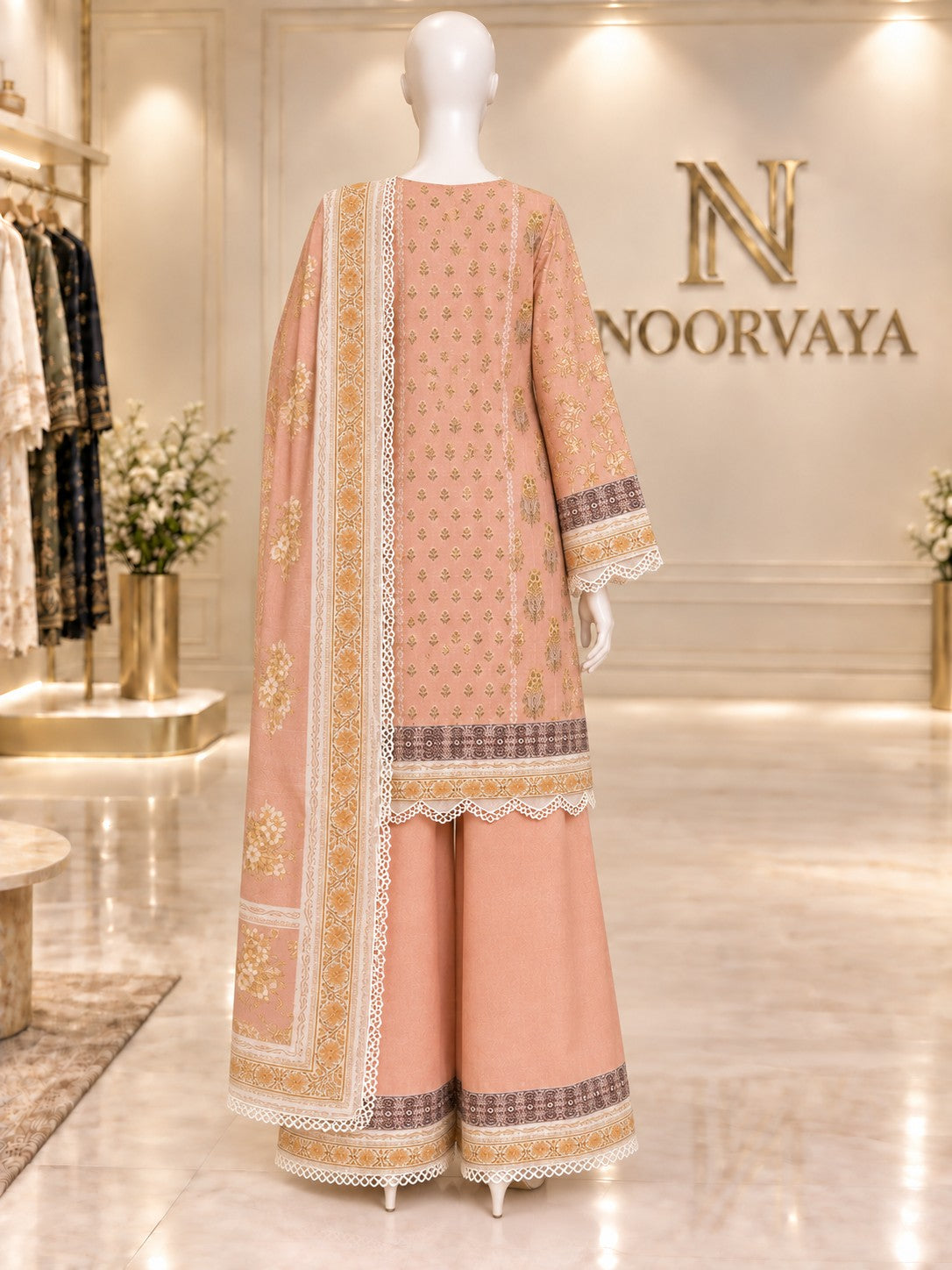 Peach Gold 3-Piece Printed Suit - back view