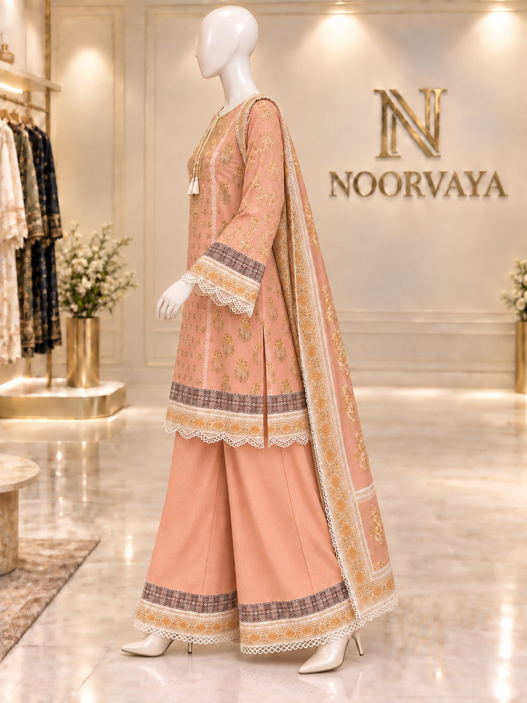 Peach Gold 3-Piece Printed Suit - left view