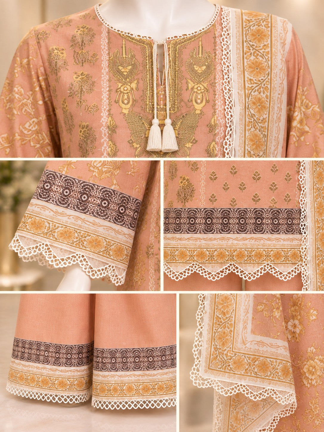Peach Gold 3-Piece Printed Suit - details view