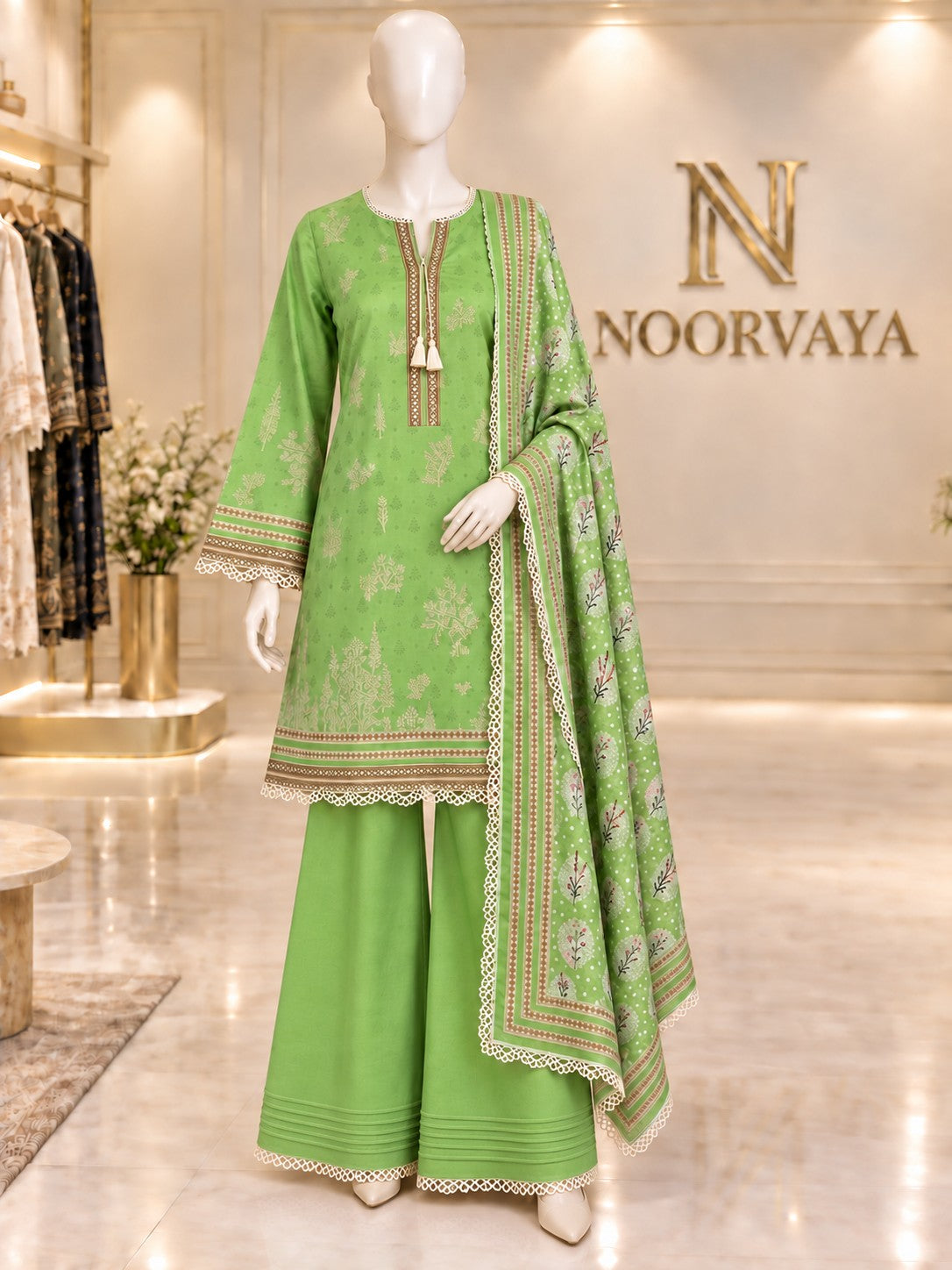 Lime Botanical 3-Piece Printed Suit - front view